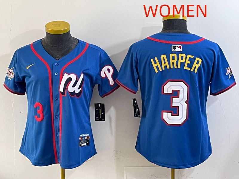 Women 2025 Philadelphia Phillies 3 Harper Blue All star Nike MLB Jersey style 05